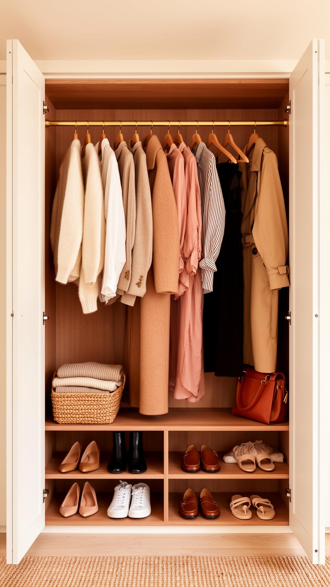 A beautifully organized wardrobe of warm-toned clothing and shoes
