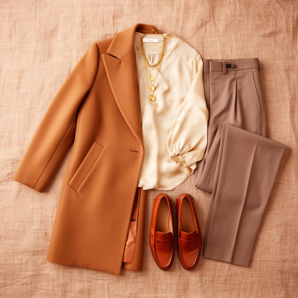 Curated camel and cream outfit flatlay